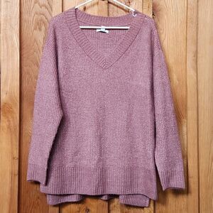 Nine West V-Neck Tunic Knit Sweater, Medium, Pink Metallic Silver